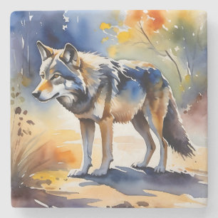 Wolf in a forest watercolor painting stone coaster
