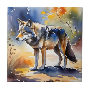Wolf in a forest watercolor painting tile