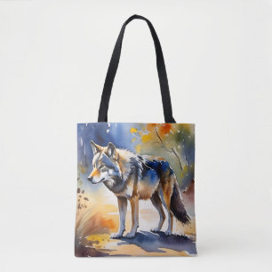 Wolf in a forest watercolor painting tote bag