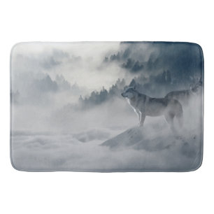 Wolf in misty Mountains in Black, Grey and white. Bath Mat