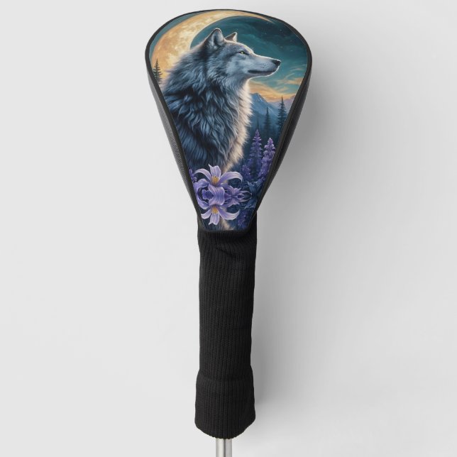 Wolf in Moonlight- purple flowers reflection Golf Head Cover (Front)