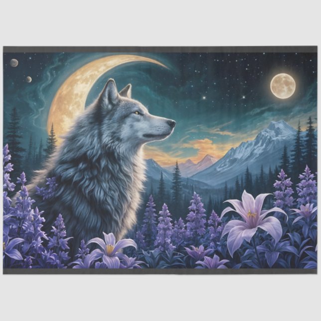 Wolf in Moonlight- purple flowers reflection Tissue Paper (Front)