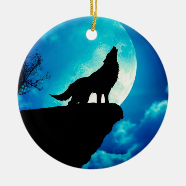 Wolf in silhouette howling to the full moon ceramic tree decoration (Front)