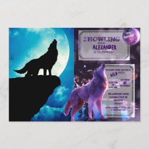 Wolf in silhouette howling to the full moon invitation