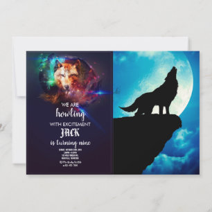 Wolf in silhouette howling to the full moon invitation