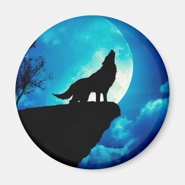 Wolf in silhouette howling to the full moon magnet (Front)