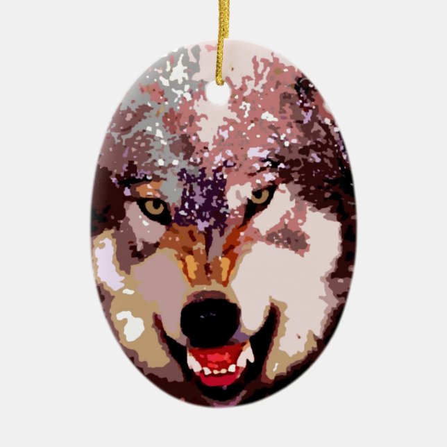 Wolf in Snow Ceramic Tree Decoration (Front)