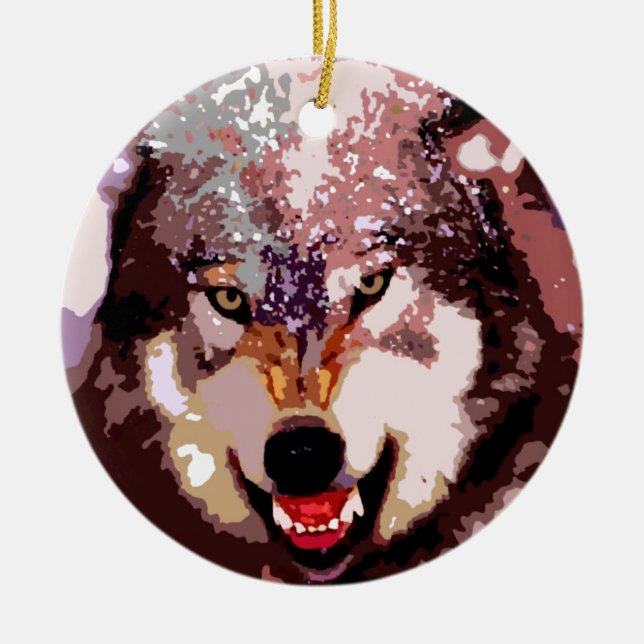 Wolf in Snow Ceramic Tree Decoration (Front)