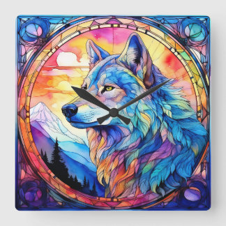 Wolf in Stained Glass Square Wall Clock