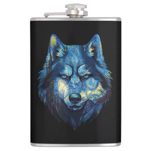 Wolf in starry night abstract wildlife hip flask