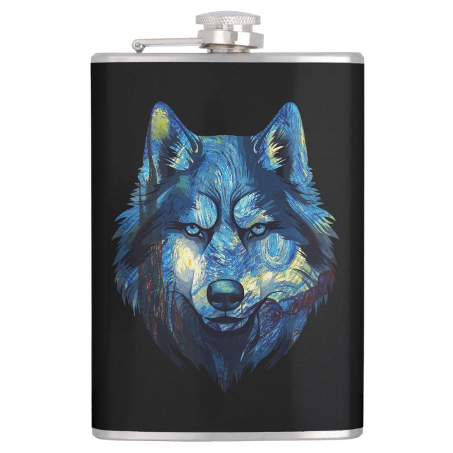 Wolf in starry night abstract wildlife hip flask (Front)