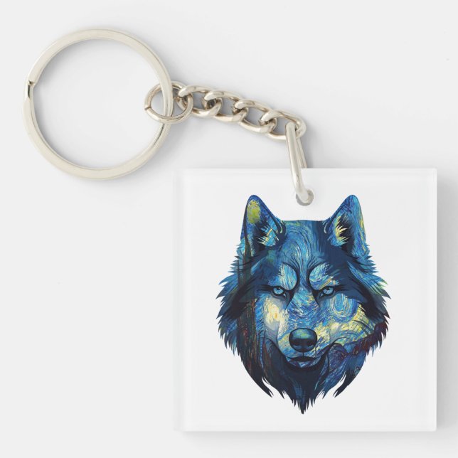 Wolf in starry night abstract wildlife key ring (Front)