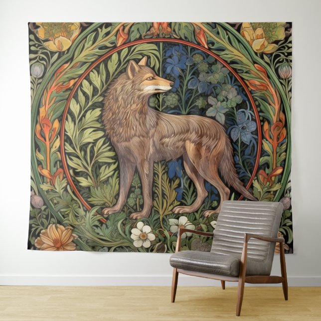 Wolf in the forest art nouveau tapestry (In Situ (Horizontal))