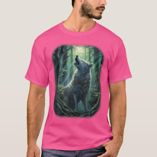 Wolf In The Forest Howling At The Moon Fantasy Art T-Shirt