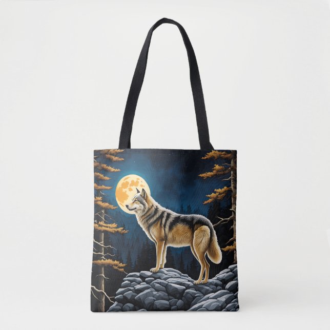 Wolf in the Forest with Yellow Moon Tote Bag (Front)