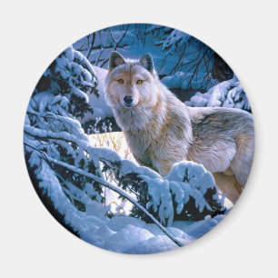 Wolf in the winter forest painting magnet