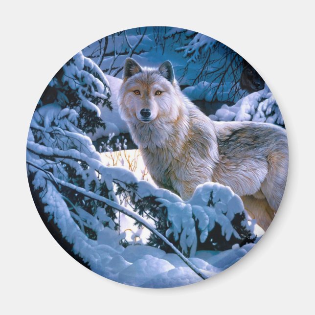 Wolf in the winter forest painting magnet (Front)