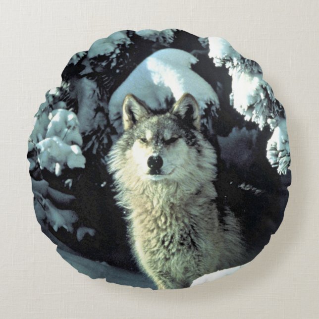 Wolf In Winter Forest Circle Round Cushion (Front)