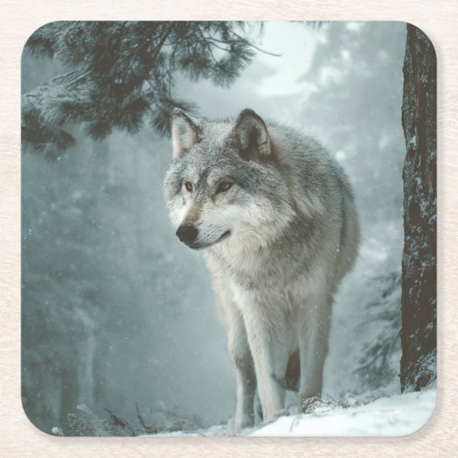 Wolf in Winter Square Paper Coaster (Front)