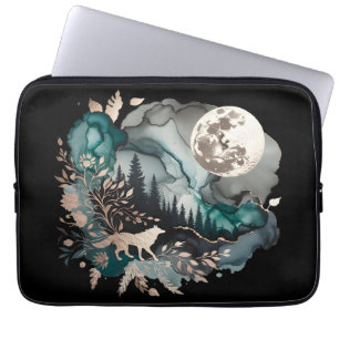 Wolf Landscape & Moon Teal Gold Laptop Sleeve