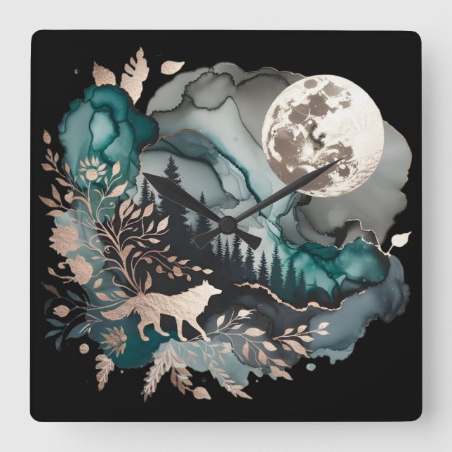 Wolf Landscape & Moon Teal Gold Square Wall Clock (Front)