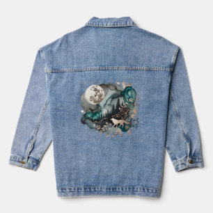 Wolf Landscape with Moon Gold N Teal Denim Jacket