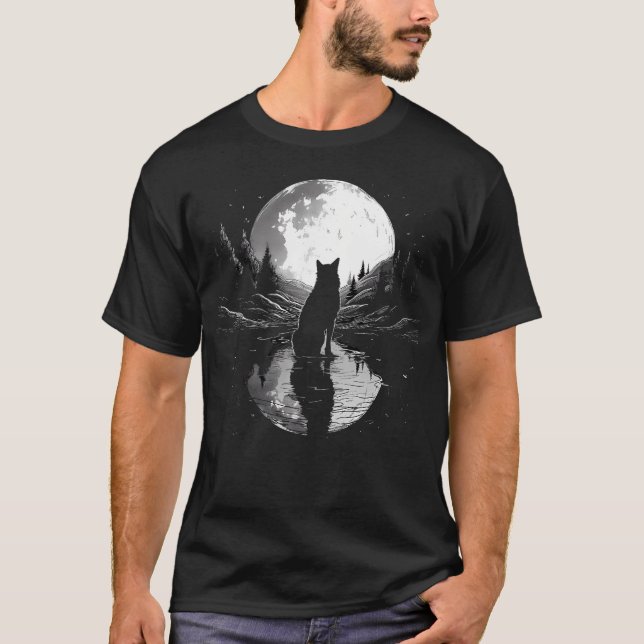 Wolf Looking Moon On River For Lover Wolves T-Shirt (Front)