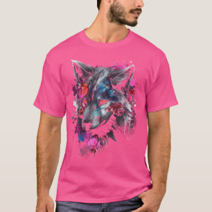 Wolf Lover Artwork Flowers Animal Motif Wolf T-Shirt
