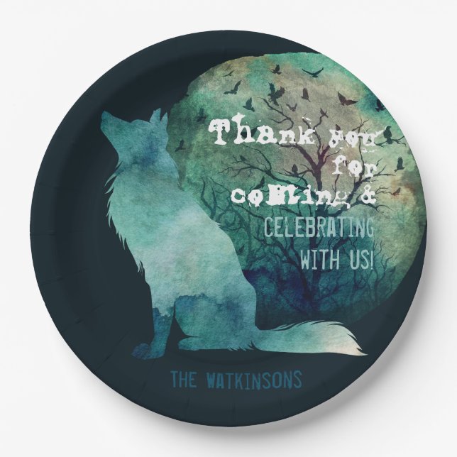 Wolf lovers nice dark teal aesthetic custom  paper plate (Front)