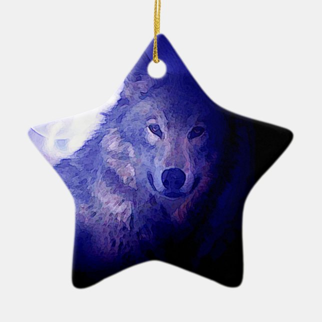 Wolf, Moon & Blue Night Ceramic Tree Decoration (Front)