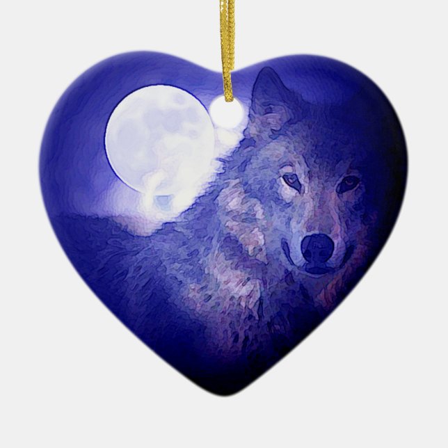 Wolf, Moon & Blue Night Ceramic Tree Decoration (Front)