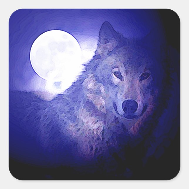 Wolf, Moon & Blue Night Square Sticker (Front)