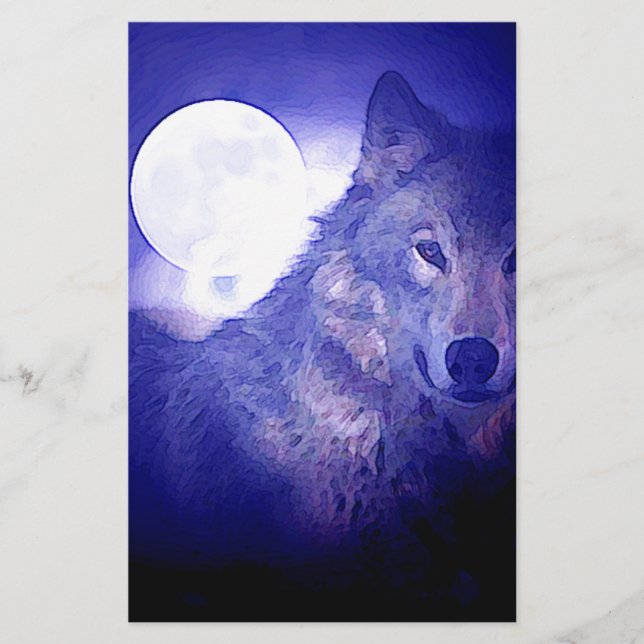 Wolf, Moon & Blue Night Stationery (Front)