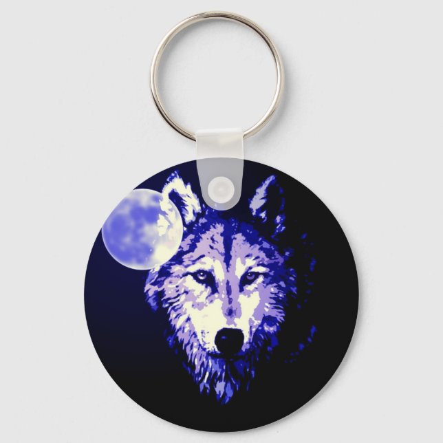 Wolf & Moon Dark Blue Night Collage Key Ring (Front)
