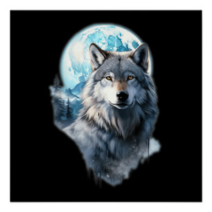 Wolf Moon Graphic Howling ,Under Full Moon Night Poster