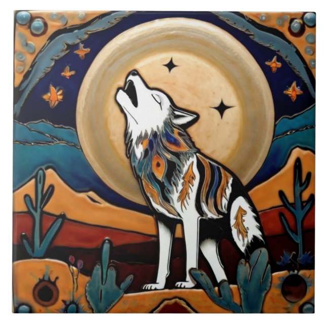 Wolf Moon Howl Southwestern Style Southwest Tile (Front)