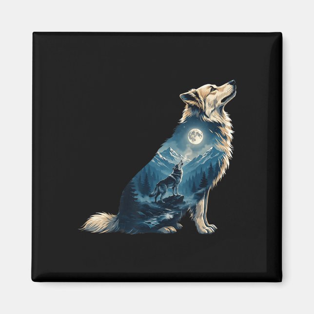 Wolf moon mountain forest silhouette wildlife art  magnet (Front)
