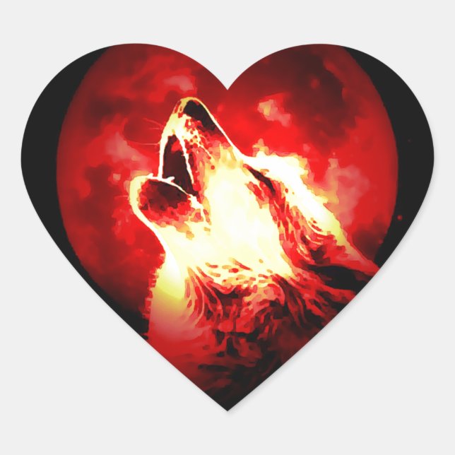 Wolf, Moon & Red Sky Heart Sticker (Front)
