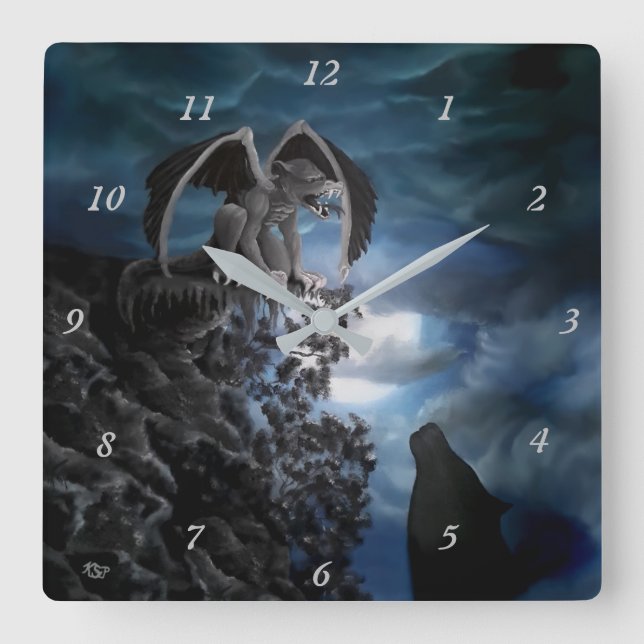 Wolf Moon - Wolf with Golem Square Wall Clock (Front)