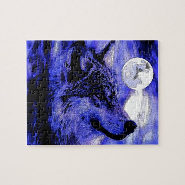 Wolf Motivational Freedom Blue Night Fullmoon Jigsaw Puzzle (Horizontal)
