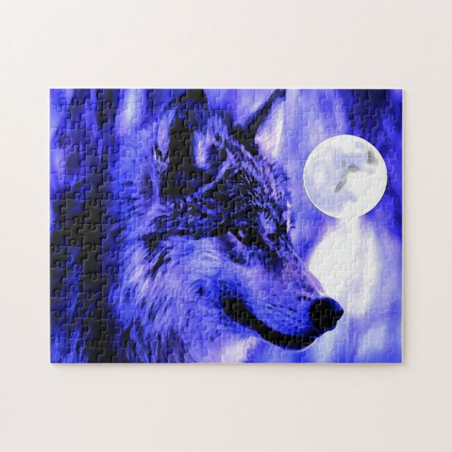 Wolf Motivational Freedom Blue Night Fullmoon Jigsaw Puzzle (Horizontal)