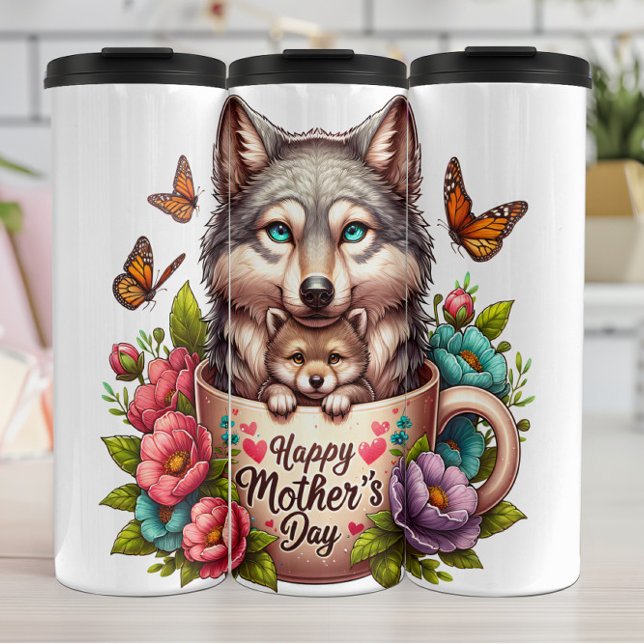 Wolf Mum: Pup, Flowers, Mother's Day Thermal Tumbler (Creator Uploaded)
