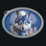 Wolf Native Animal Spirit  Belt Buckle<br><div class="desc">Beautiful Wolf with deep yellow eyes,  with Native American Dreamcatcters,  in a Wild Blue Mountains Landscape and Full Moon. Original Vector Round Logo Design isolated on white Copyright BluedarkArt TheChameleonArt.</div>