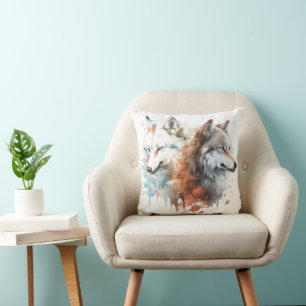 Wolf Nature Watercolor Couple Cushion