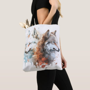 Wolf Nature Watercolor Couple Tote Bag