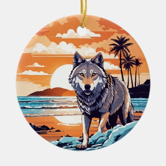 Wolf on the Beach Ceramic Tree Decoration (Front)