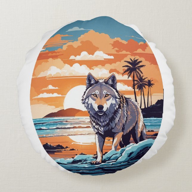 Wolf on the Beach Round Cushion (Back)