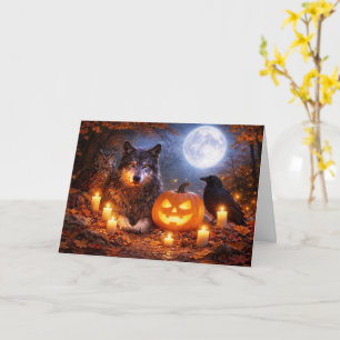 Wolf Owl Raven Happy Halloween in Autumn Scene Card