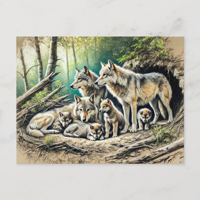 Wolf Pack at the Den with Pups Postcard (Front)