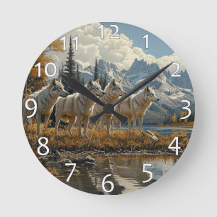 Wolf Pack by the Lake Round Clock